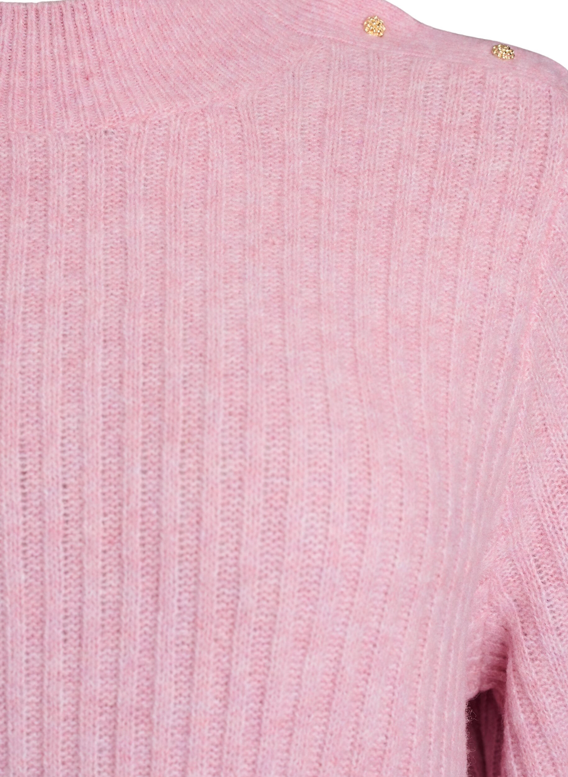 ZizziRibbestrikket genser med puffede ermer og knapper, Rosa, Packshot image number 2