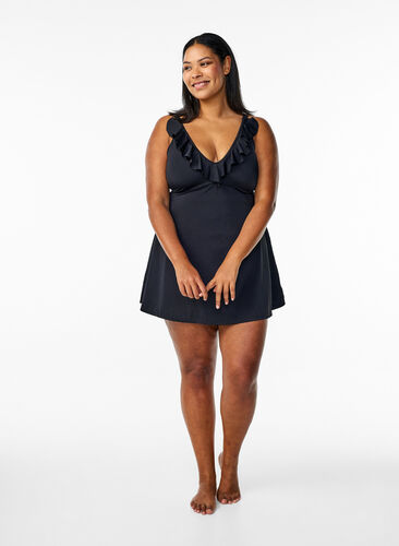 Zizzi Svømmekjole med volanger og avtagbar polstring, Svart, Model image number 1
