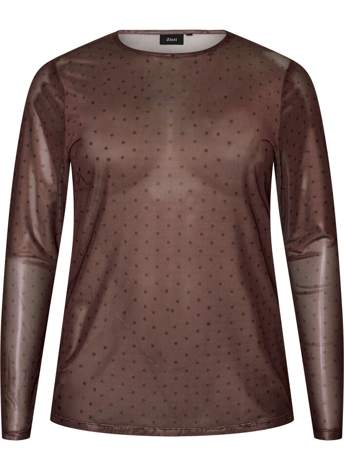 Mesh bluse med trykk, Brun, Packshot image number 0