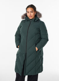 Lang vinterkåpe med kroklukking og en imitert pelskrage, Grønn Lang vinterkåpe med kroklukking og en imitert pelskrage, Grønn, Model