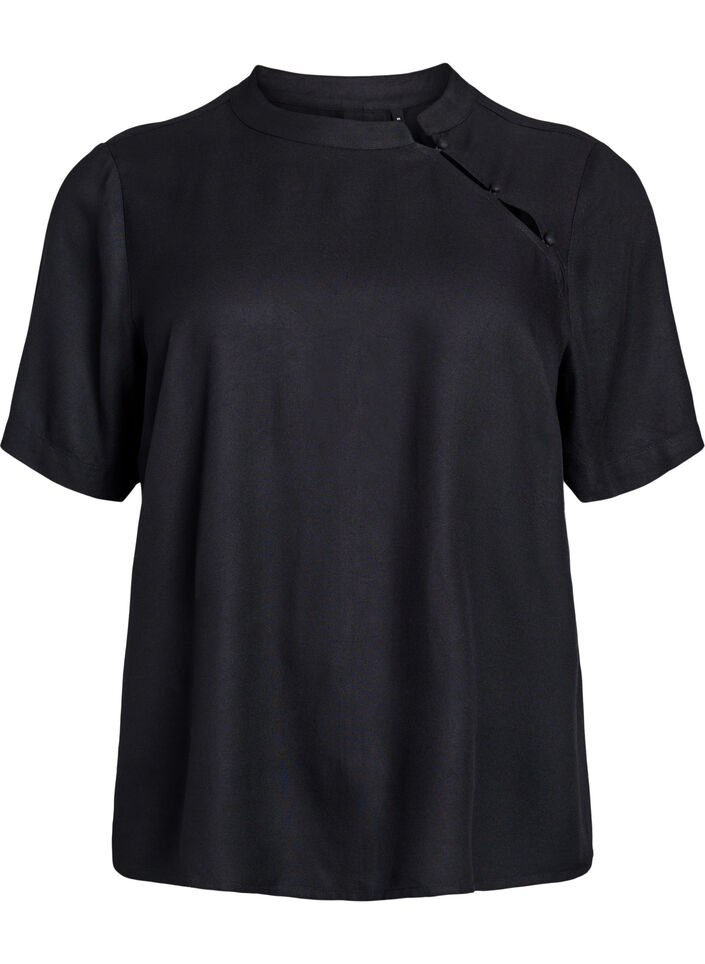 Kortermet bluse med diagonal knappelukking, Svart, Packshot
