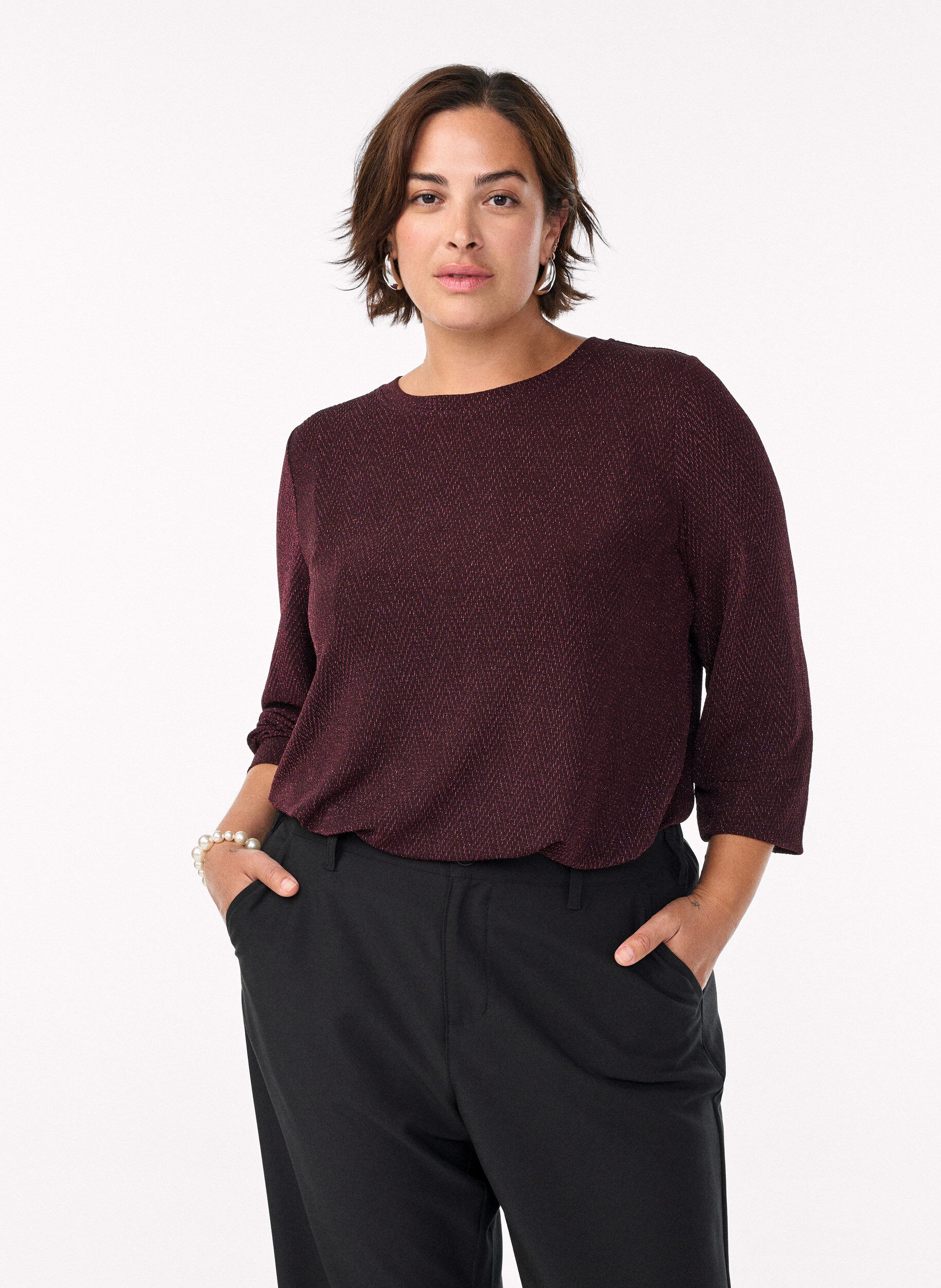Bluse med fiskebensm&oslash;nster og glittertr&aring;d, M&oslash;rk Bordeaux, Model