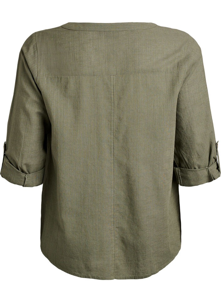 Bluse i bomull med V-hals, Gr&oslash;nn, Packshot image number 1