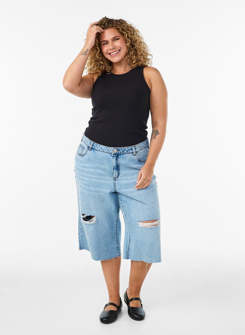 Ribbet topp i bomull med h&oslash;y hals, Svart, Model image number 1