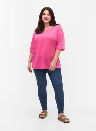 Bluse med 3/4-ermer, Shocking Pink, Model image number 2