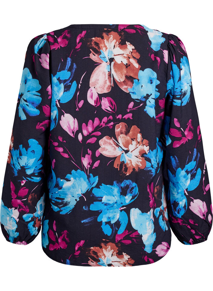 Viskosebluse med blomstertrykk og lange ermer, Svart, Packshot image number 1