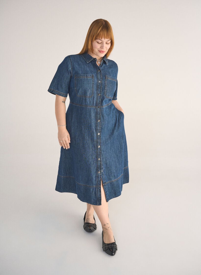 Skjortekjole i denim med korte ermer, Blå, Image image number 0