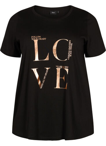 Kortermet T-skjorte i bomull med trykk, Black W. Love , Packshot image number 0