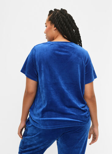 T-skjorte i velour med V-hals, Monaco Blue, Model image number 1