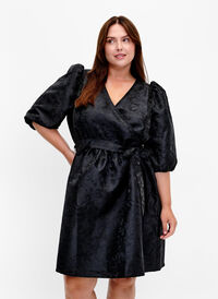 Kort omslagskjole med 3/4 ermer, Black, Model