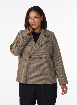 Zizzi Kort ulljakke med dobbeltradede knapper, Brown Check , Model image number 0
