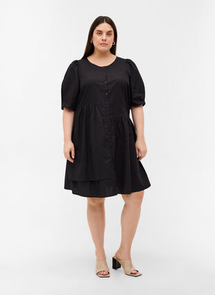 Skjortekjole i bomull med puffermer, Black, Model image number 2