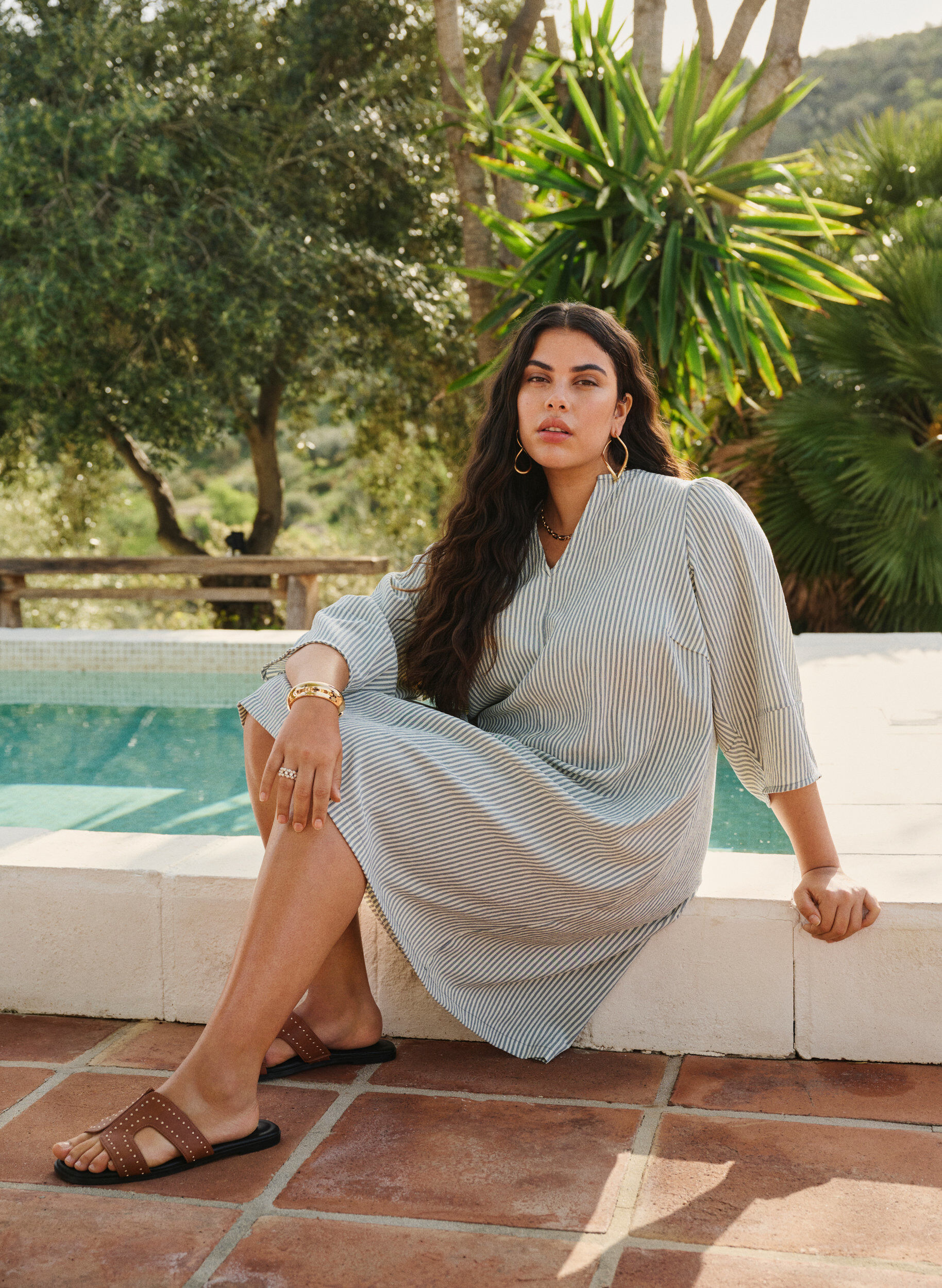 Zizzi Stripete kjole med trekvartlange ermer, Green Stripe, Image image number 0