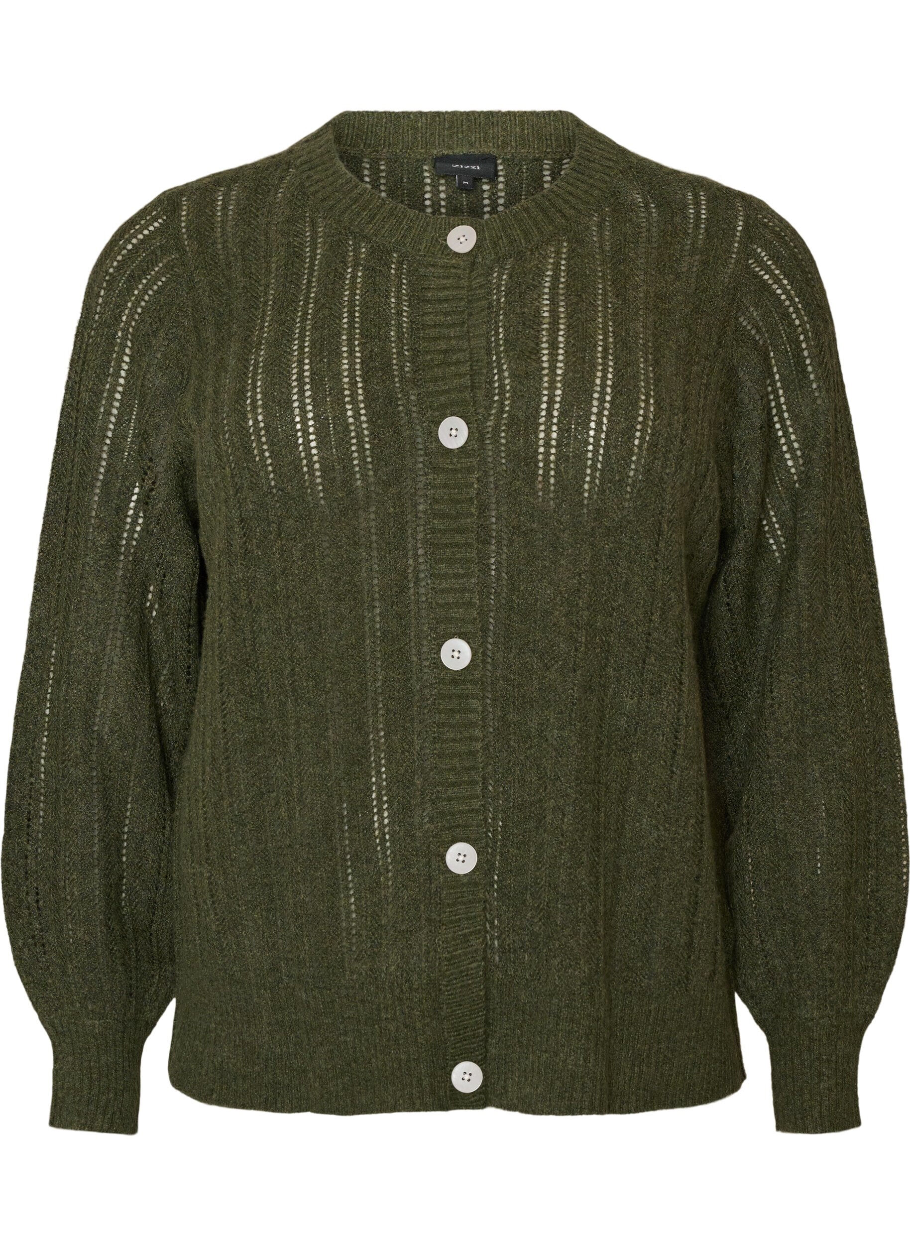 ZizziStrikket cardigan med hullm&oslash;nster, Gr&oslash;nn, Packshot image number 0