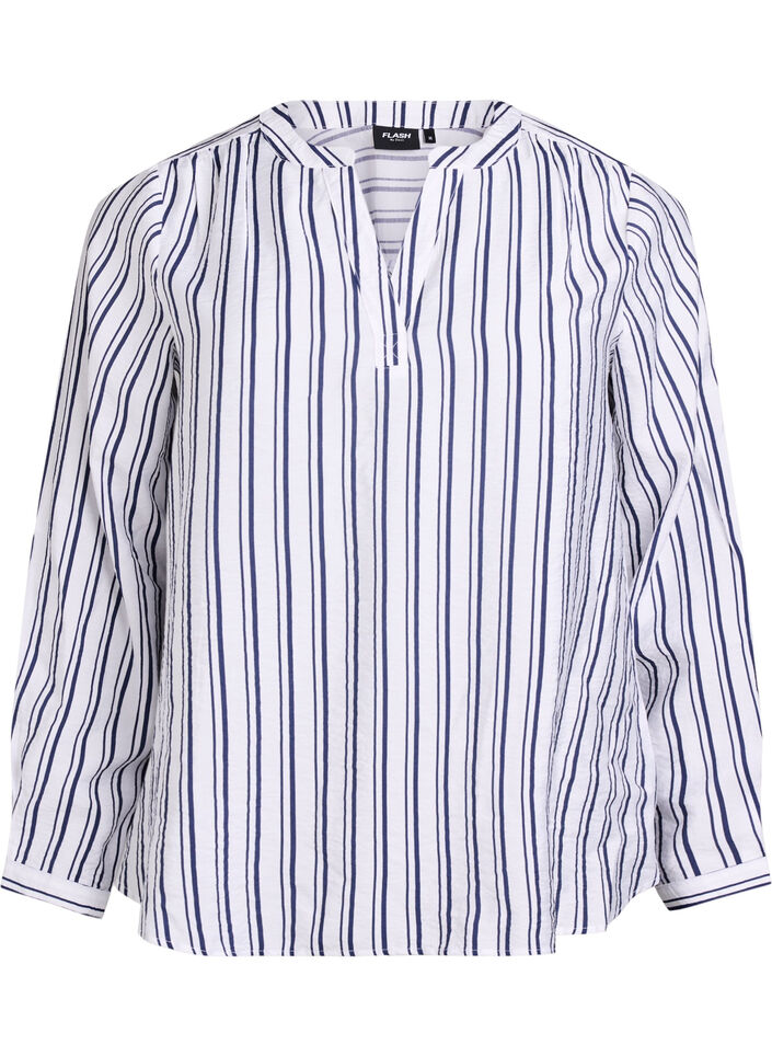 FLASH - Stripete skjortebluse med V-hals, Hvit, Packshot image number 0