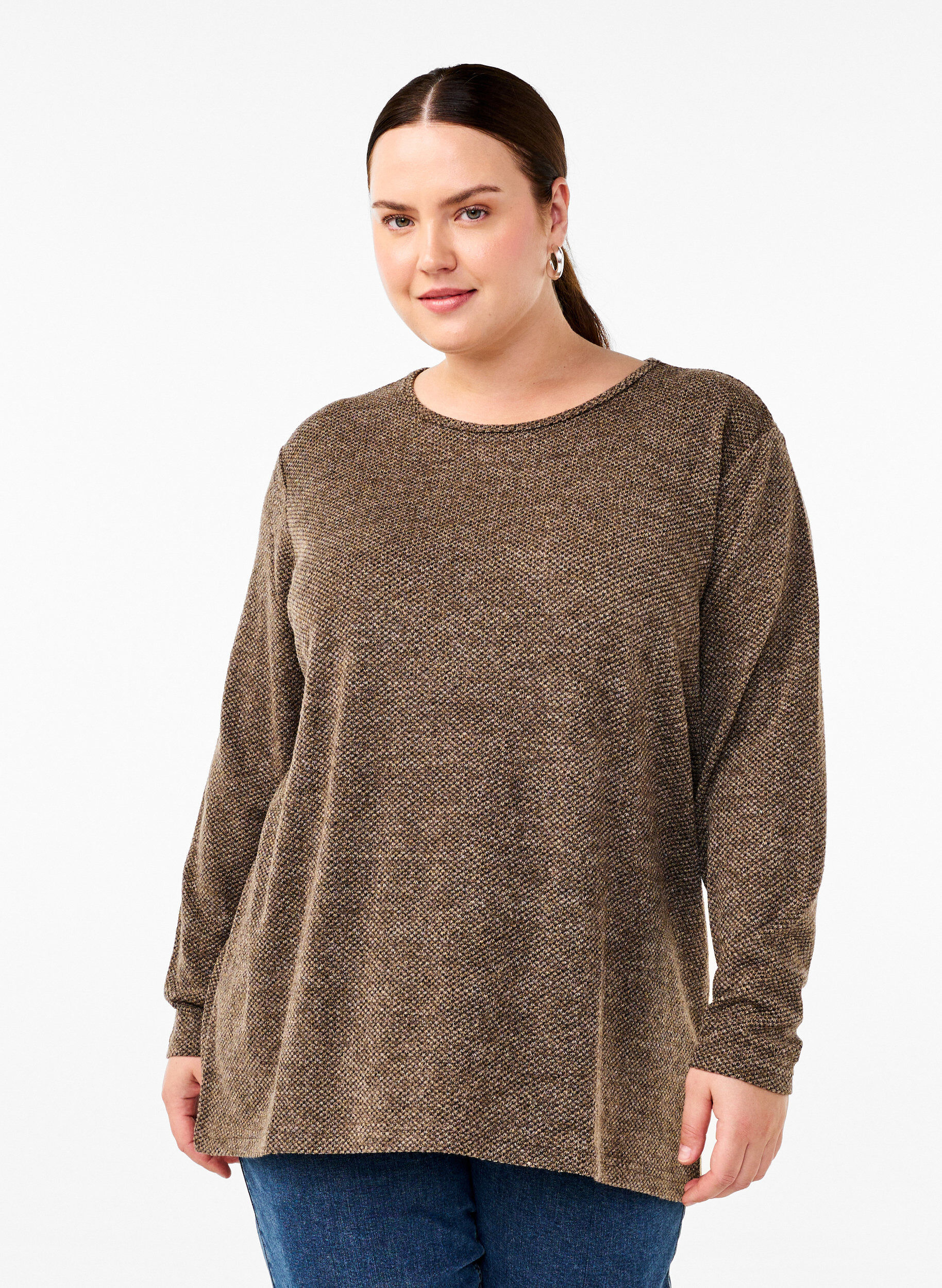 Zizzi Melange Bluse med rund hals og lange ermer, Caribou, Model image number 0