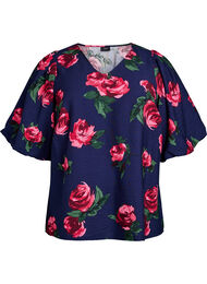 Bluse med rosetrykk og korte ballongermer, Pink Rose AOP