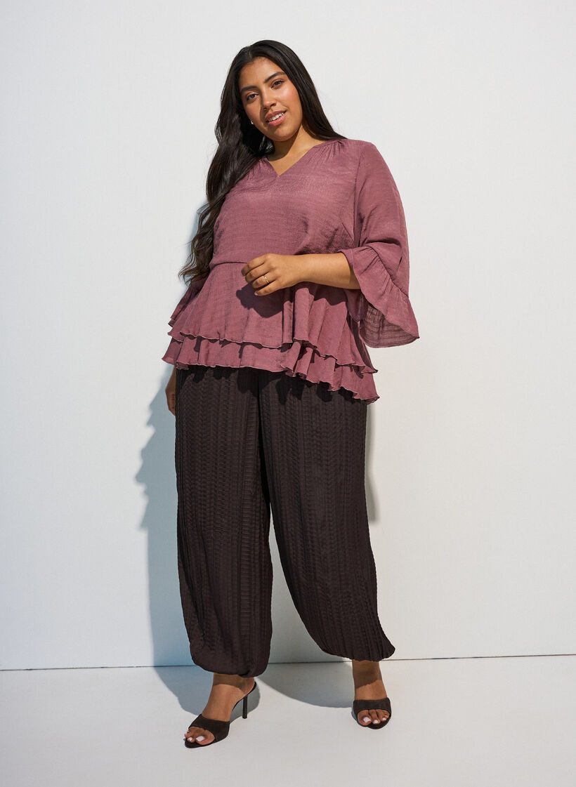 Bluse med 3/4-ermer og volangdetaljer, Rosa, Model image number 1