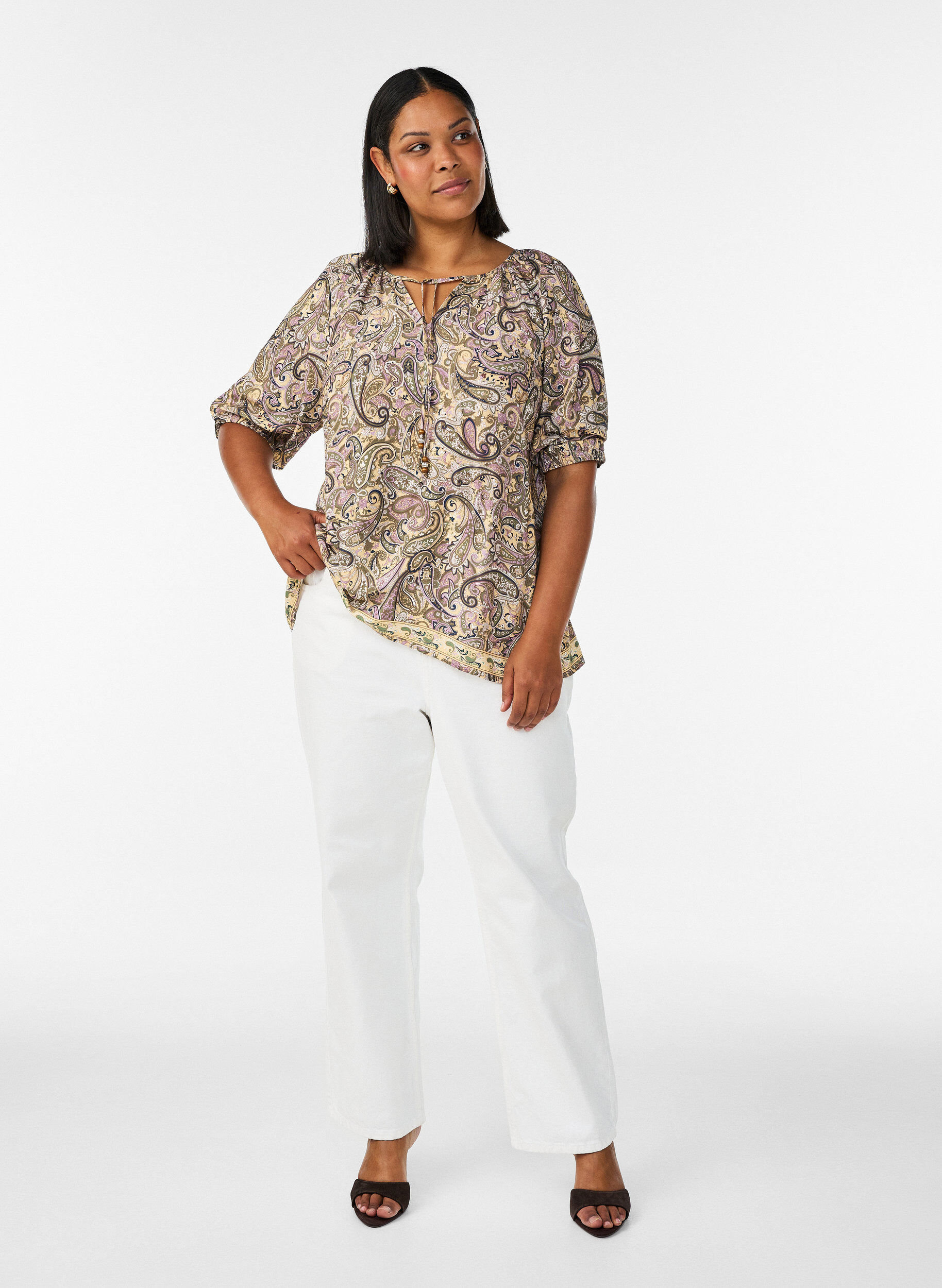 ZizziViskose bluse med paisley-trykk og knytesnor, Gul, Model image number 1