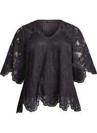 Bluse med blonder, V-hals og 1/2 ermer, Svart
