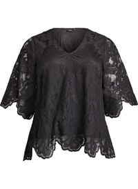 Bluse med blonder, V-hals og 1/2 ermer, Svart Bluse med blonder, V-hals og 1/2 ermer