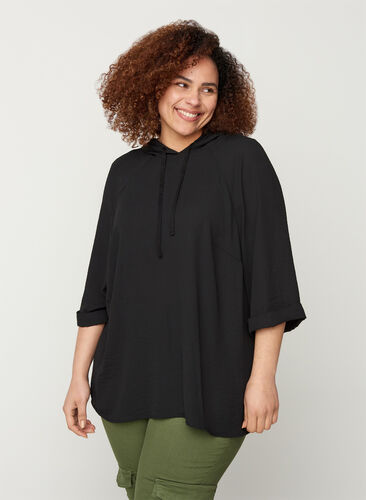 Bluse med hette og 3/4-ermer, Black, Model image number 0