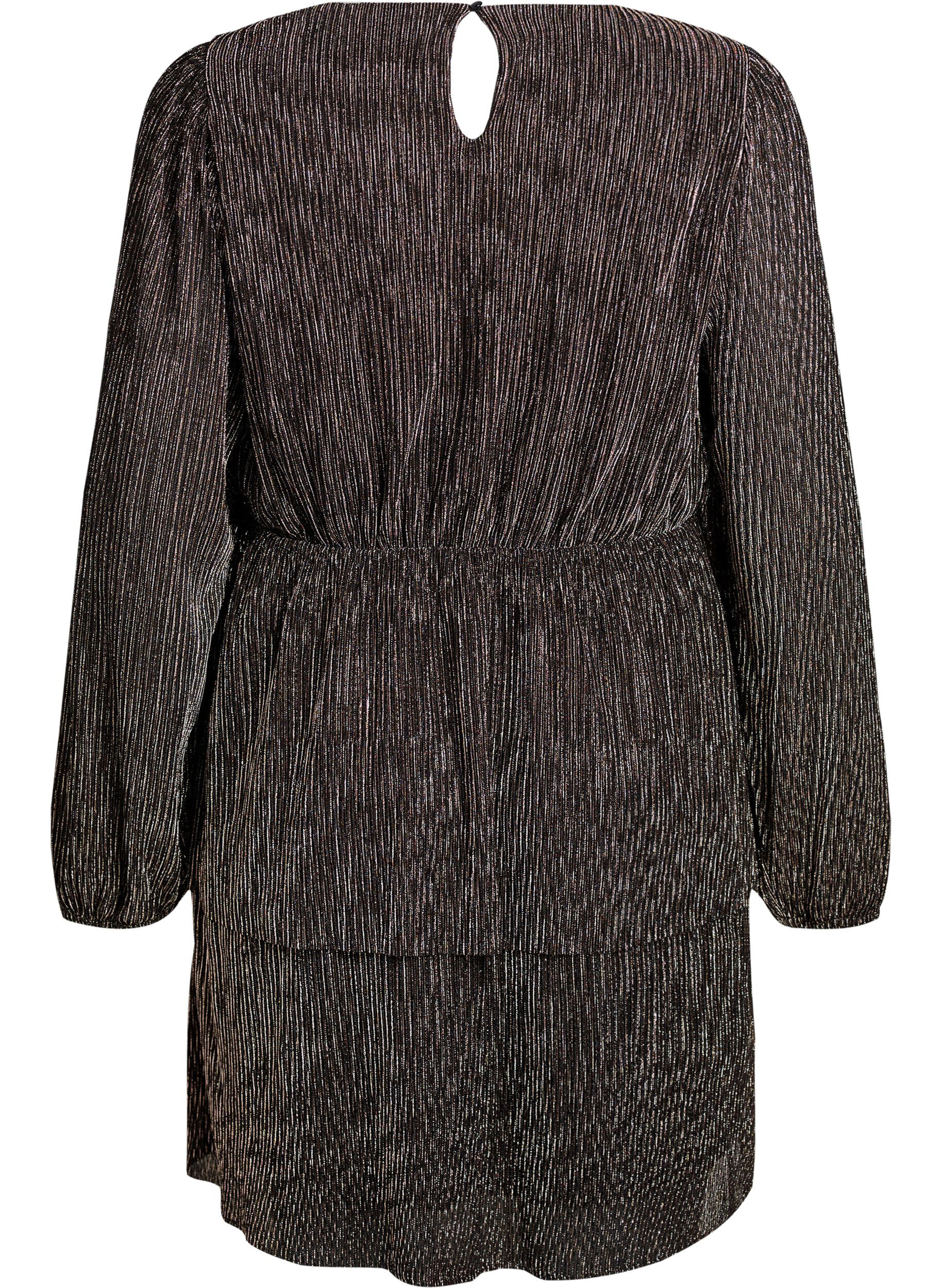 Zizzi Kort kjole med glitterstriper og lange ermer, Svart, Packshot image number 1