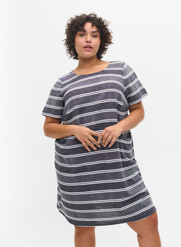 Stripete kjole med korte ermer, Blue Stripe, Model image number 0