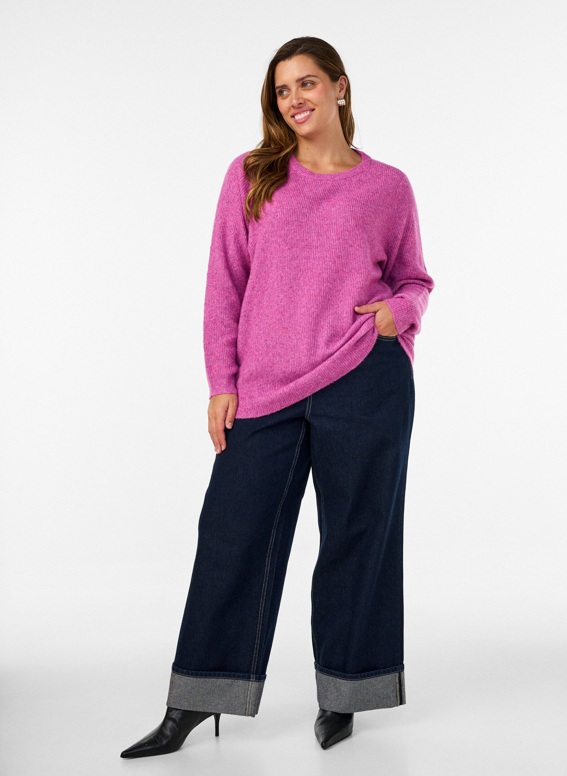 ZizziMelert strikkebluse med rund hals, Lilla, Model image number 1