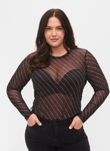 Mønstrete mesh bluse, Black AOP, Model image number 0