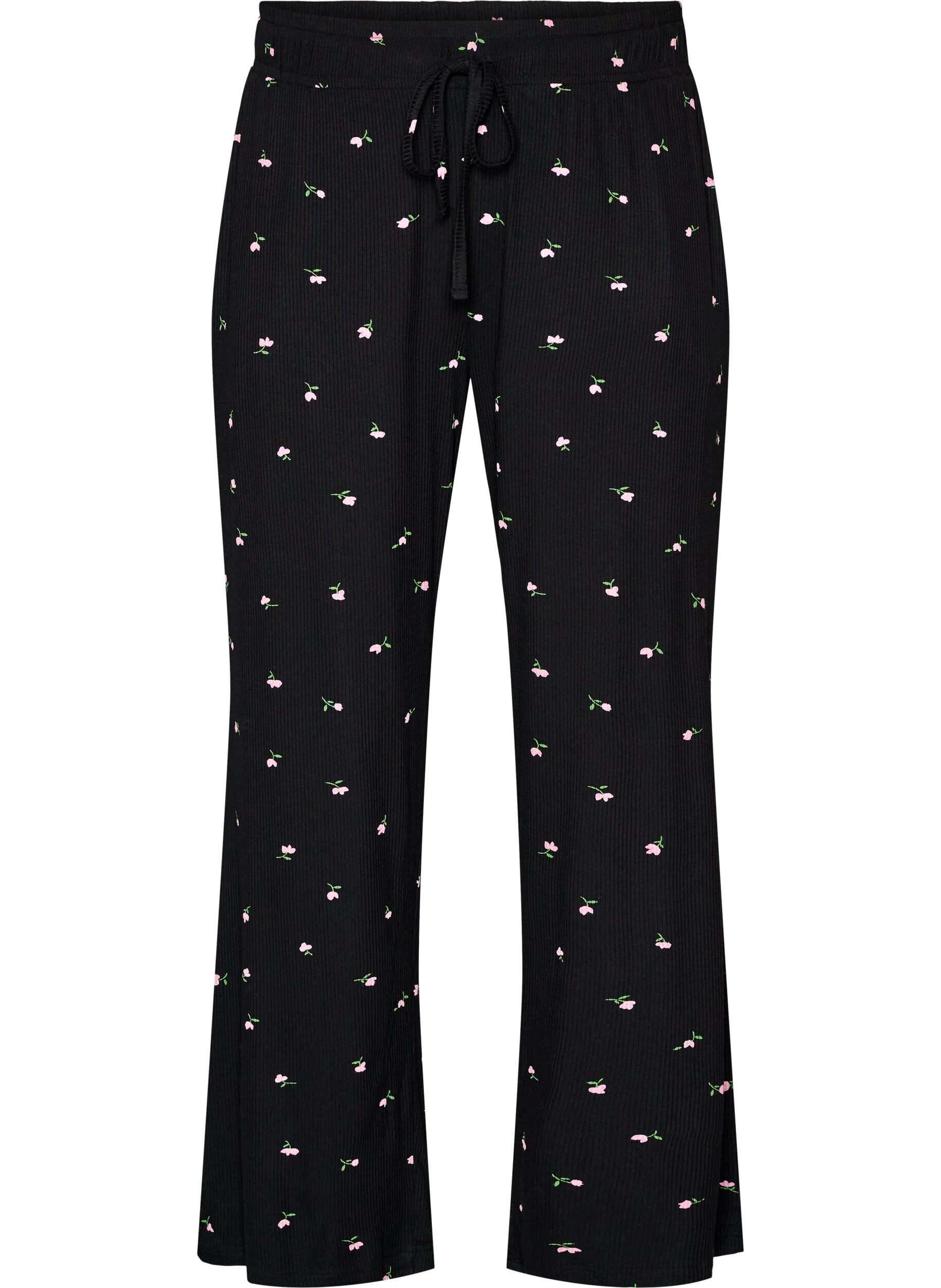 Pyjamabukser med ribbet tekstur og blomstertrykk