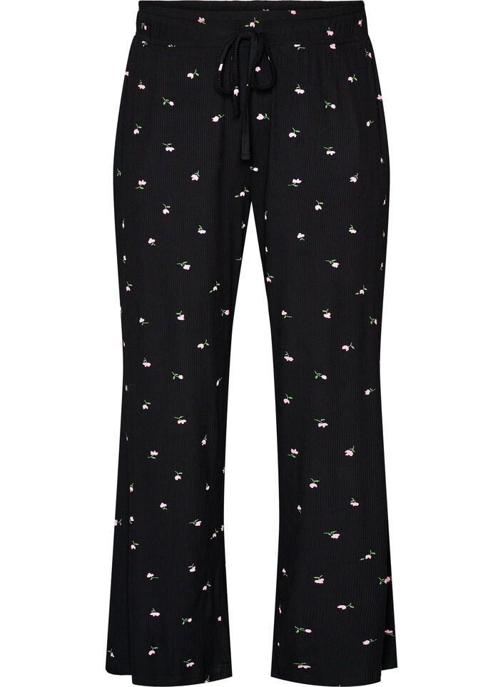 Pyjamabukser med ribbet tekstur og blomstertrykk, Svart, Packshot image number 0