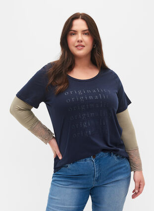 T-skjorte i bomull med ton-i-ton trykk, Navy Blazer, Model image number 0