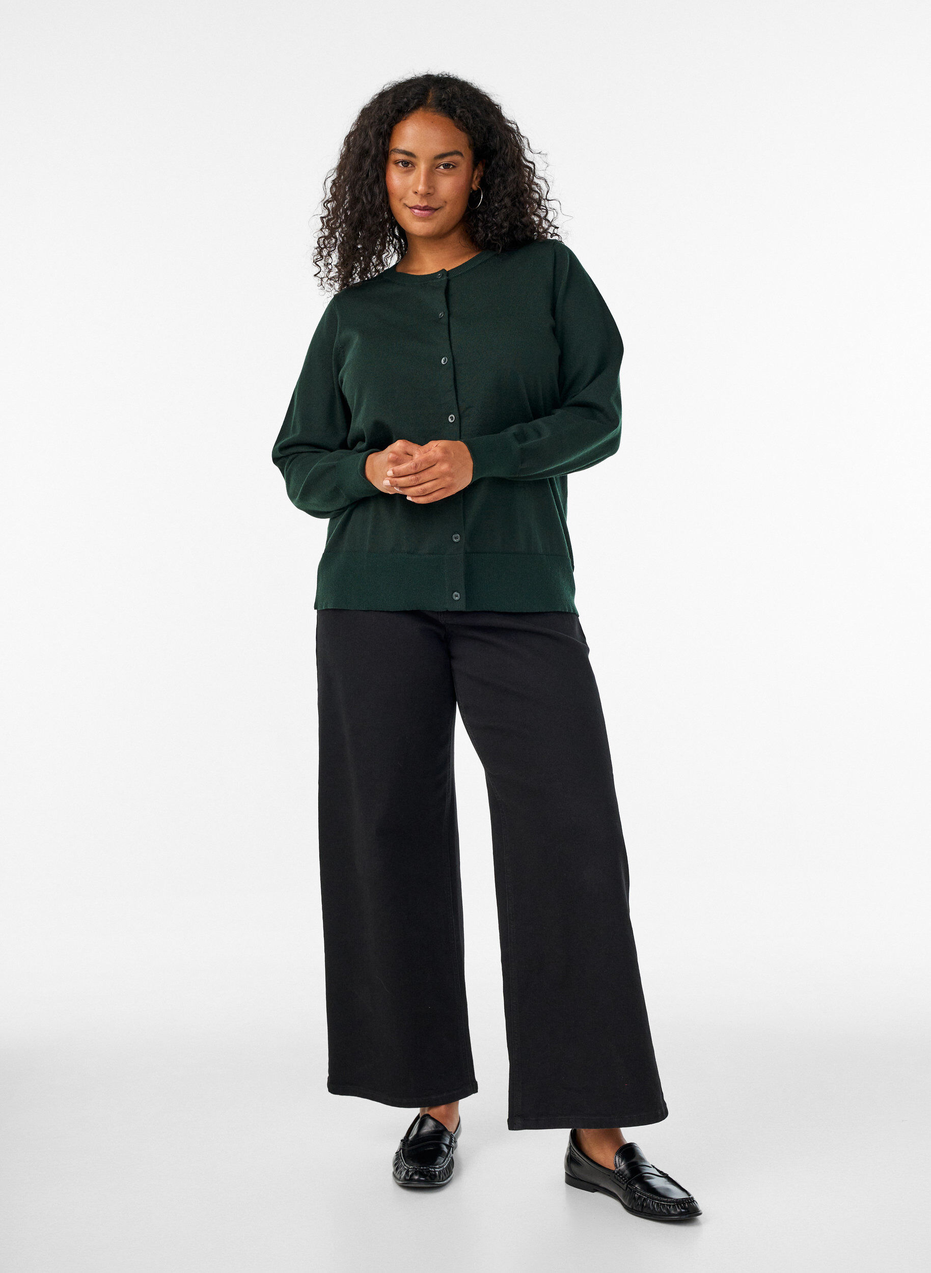 ZizziFinstrikket cardigan med rund hals, Gr&oslash;nn, Model image number 1