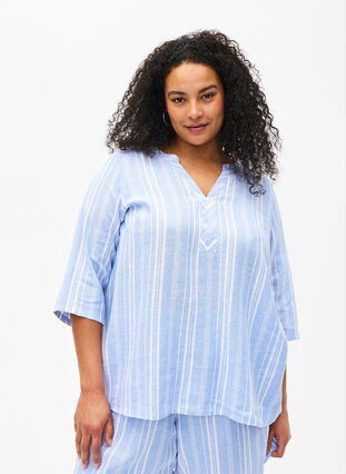 Zizzi Stripete bluse i lin- og viskoseblandet kvalitet, Blå, Model image number 0
