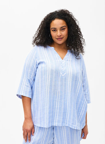 Zizzi Stripete bluse i lin- og viskoseblandet kvalitet, Blå, Model image number 0
