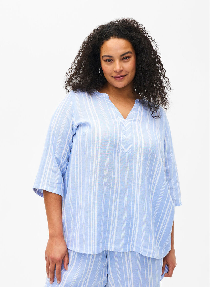 Stripete bluse i lin- og viskoseblandet kvalitet, Blå, Model image number 0