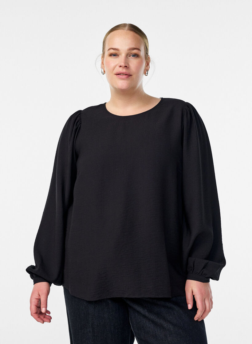 Langermet bluse i viskose, Svart, Model image number 0