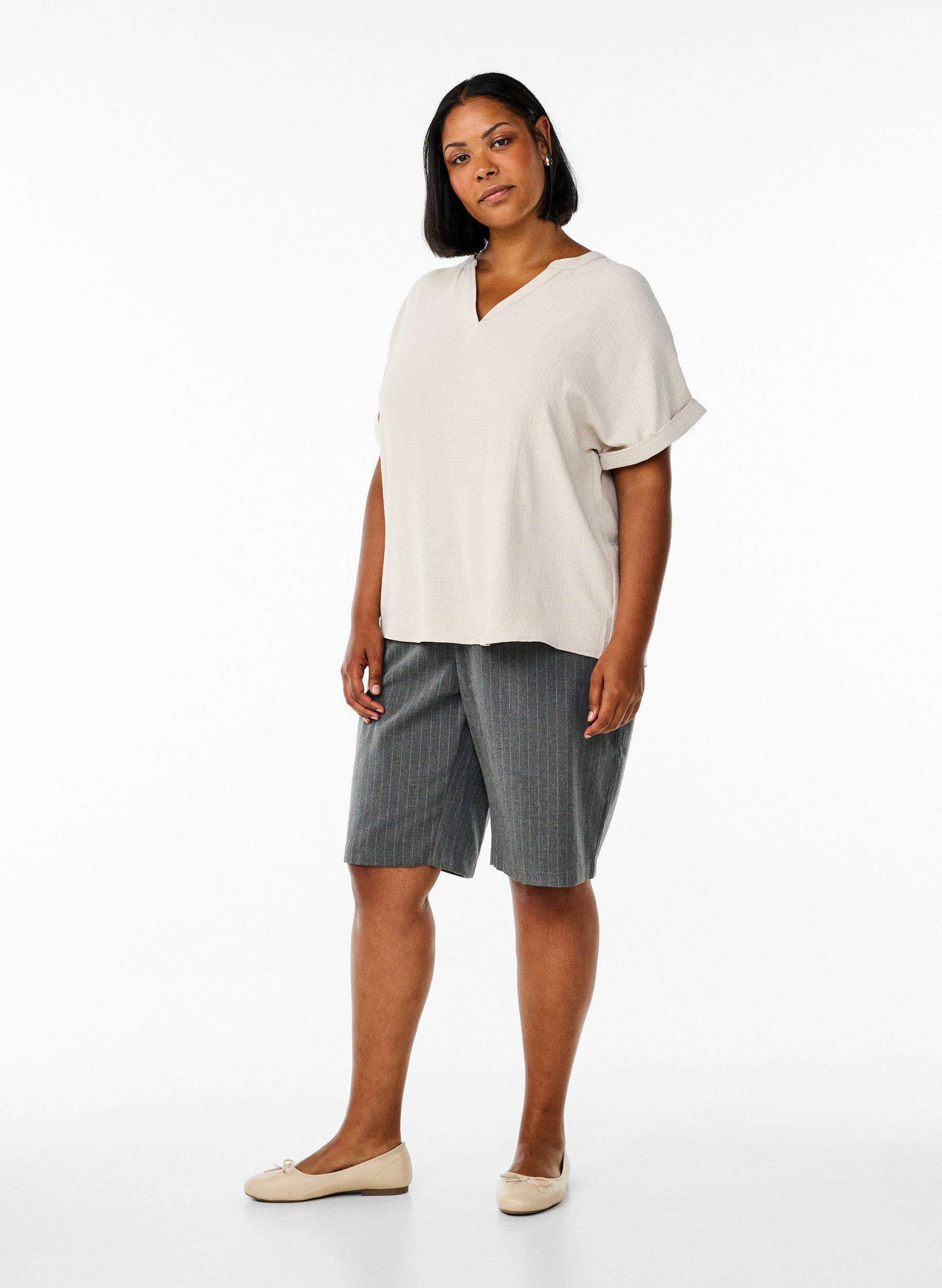 ZizziL&oslash;s bluse med korte ermer, Beige, Model image number 1