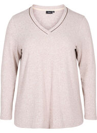 Bluse med V-hals og lange ermer, Beige