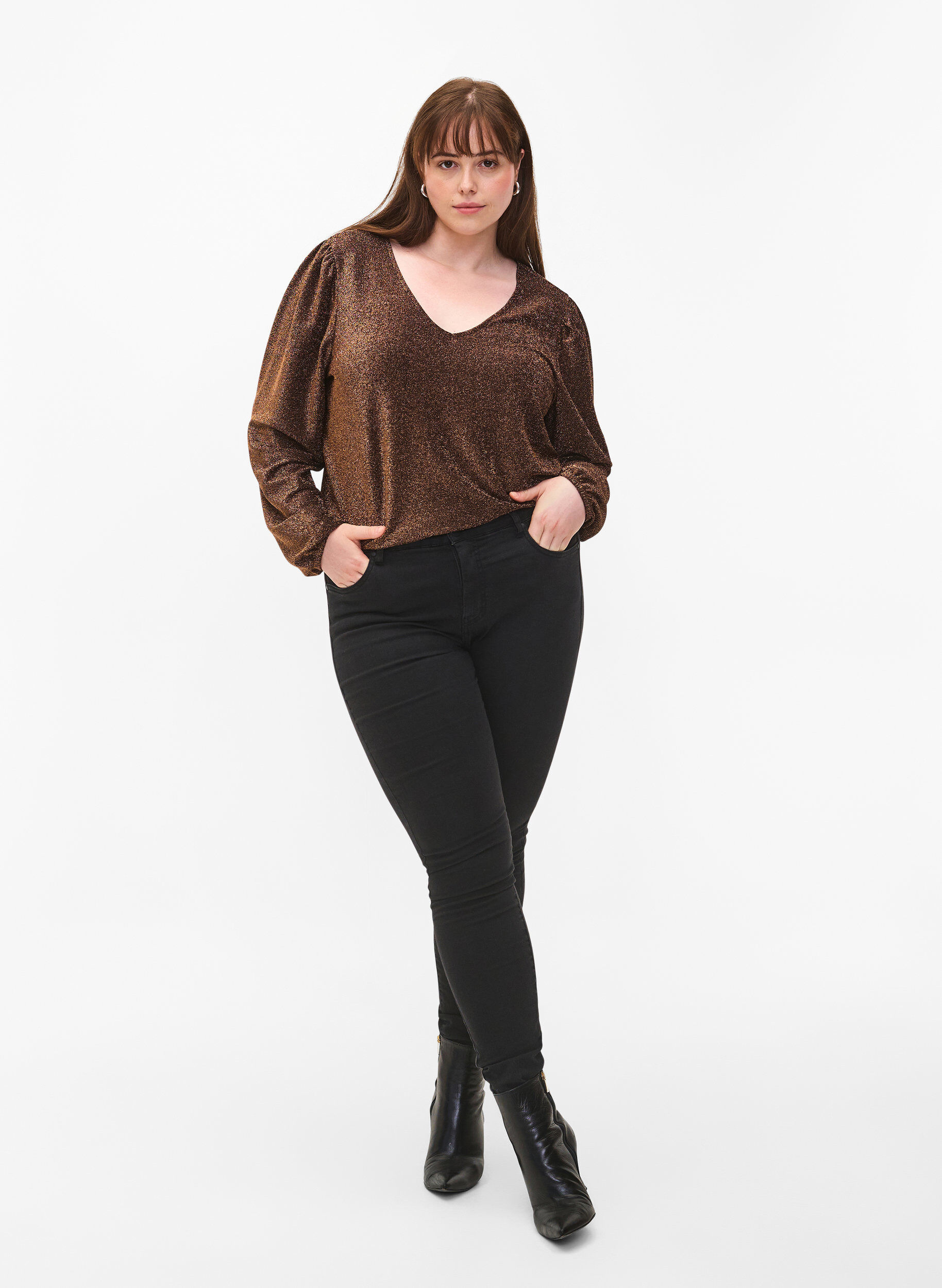 Zizzi Glitterbluse med puffermer, Black Copper, Model image number 2