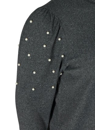 Melert bluse med puffermer og perler, Dark Grey Melange, Packshot image number 3
