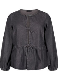 Peplumbluse i denim med snøring, Dark Grey Denim