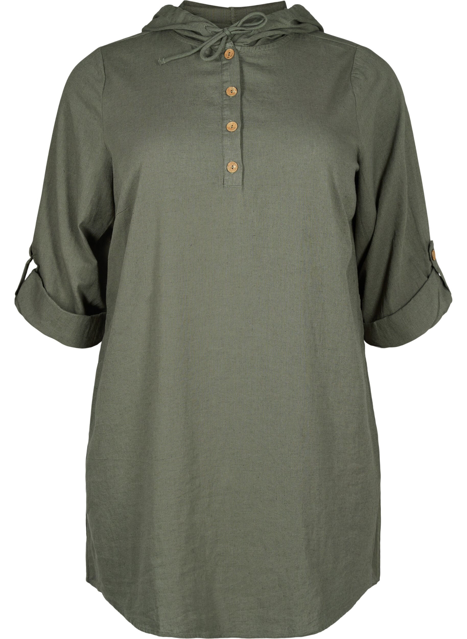 Zizzi Tunika med hette i bomull og lin, Thyme, Packshot image number 0