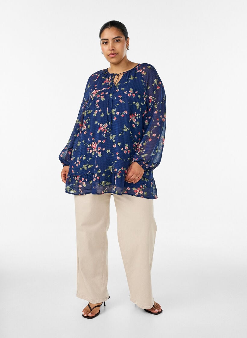 A-linjeformet tunika med blomsterprint, Bl&aring;, Model image number 1