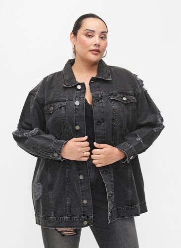 Zizzi Løs denimjakke med slitte detaljer, Dark Grey Denim, Model image number 0