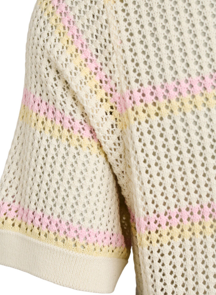 Strikket poloskjorte med hullbroderi og striper, Hvit, Packshot image number 3