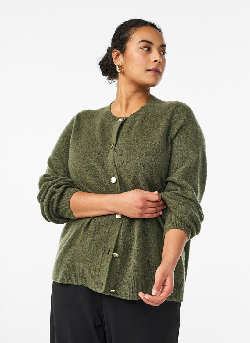 Cardigan i myk strikk med gullfargede knapper, Gr&oslash;nn, Model image number 0
