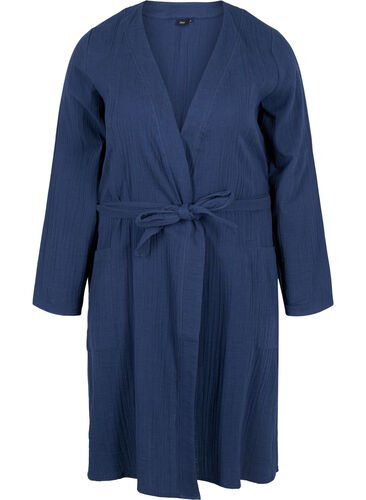Morgenkåpe i bomull med knyting, Navy Blazer, Packshot image number 0