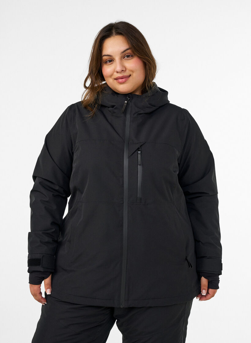 Skijakke med hette og glidel&aring;slommer, Svart, Model image number 0
